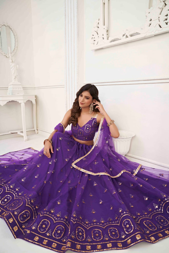 Women's Purple Net Thread Embroidery Lehenga Set