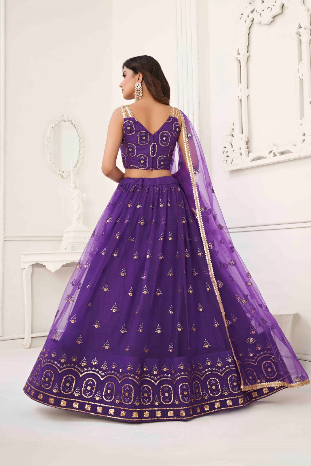 Women's Purple Net Thread Embroidery Lehenga Set - Gruhnaree