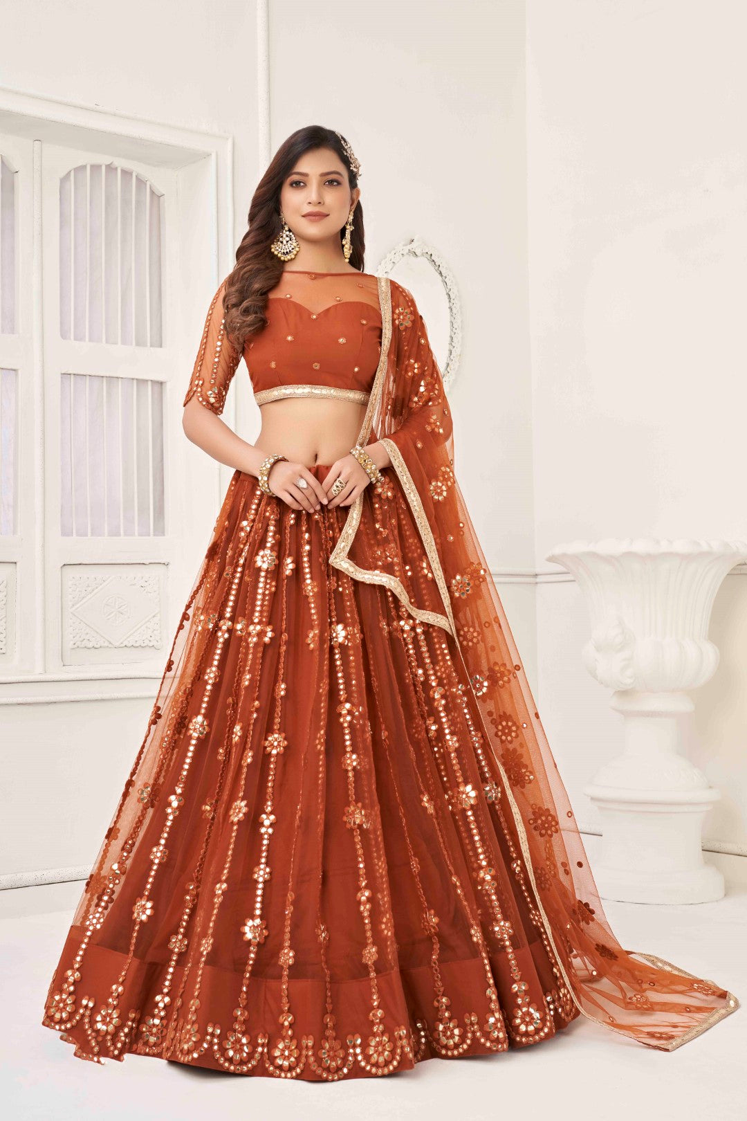 Women's Brown Net Thread Embroidery Lehenga Set - Gruhnaree