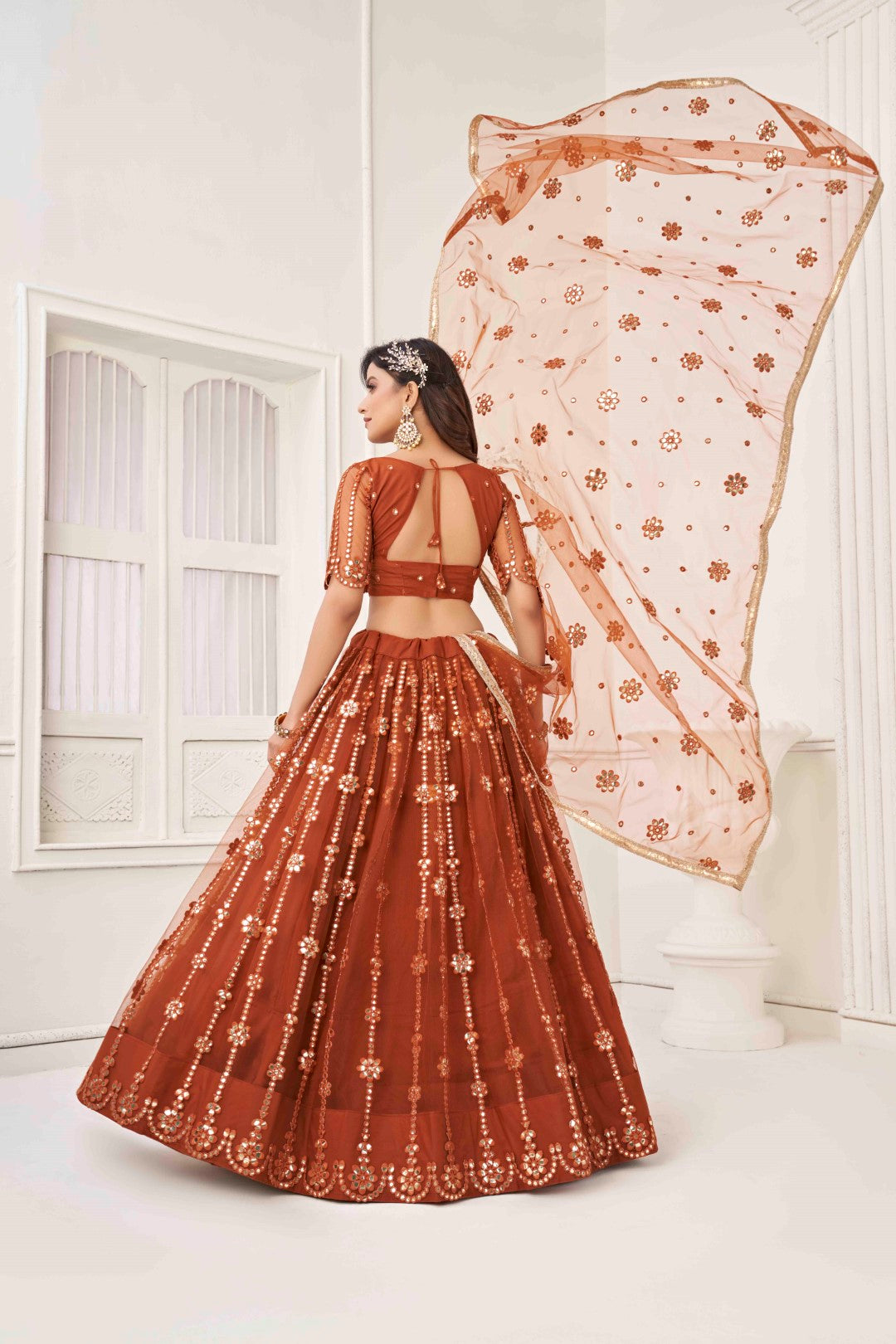 Women's Brown Net Thread Embroidery Lehenga Set - Gruhnaree