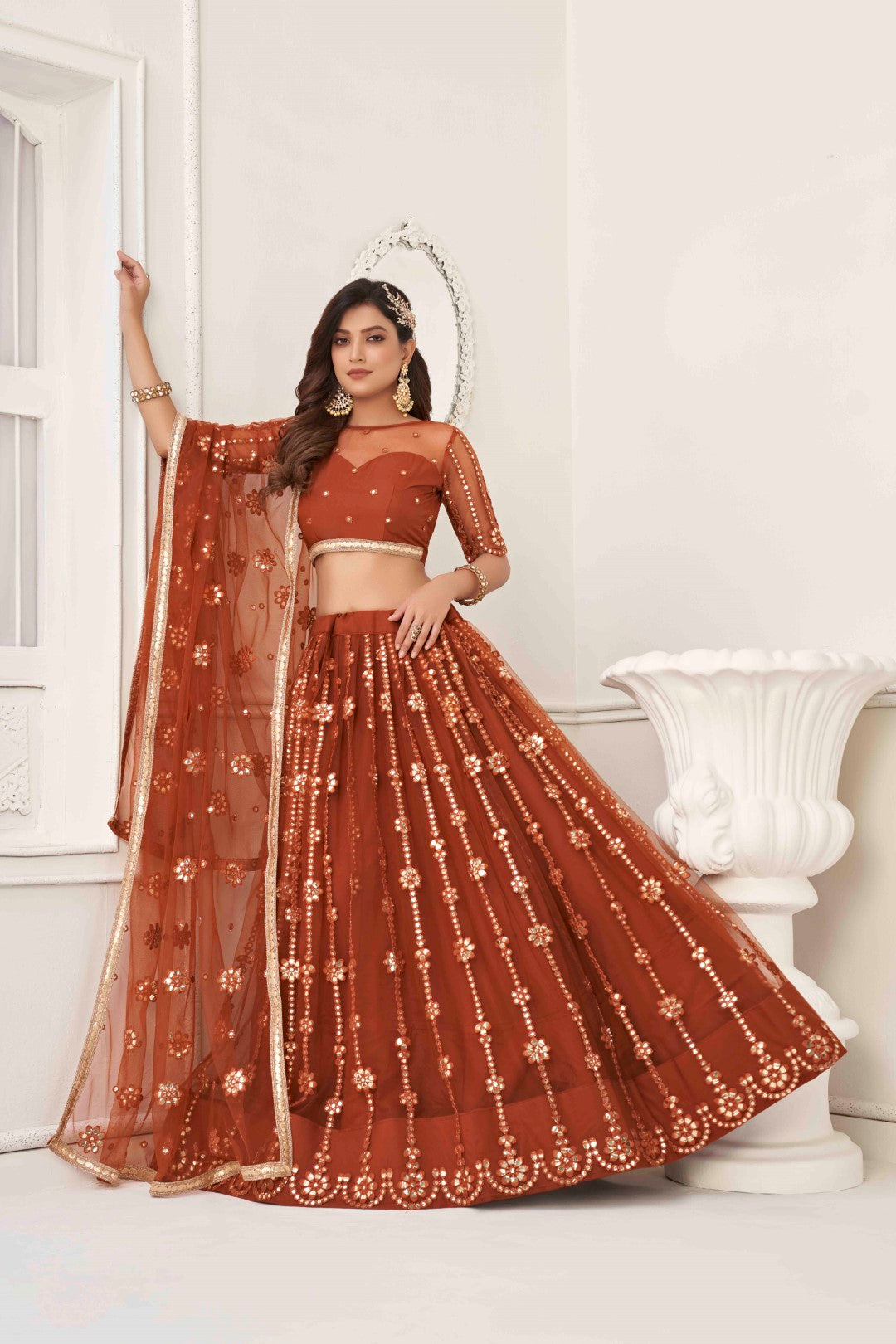 Women's Brown Net Thread Embroidery Lehenga Set - Gruhnaree