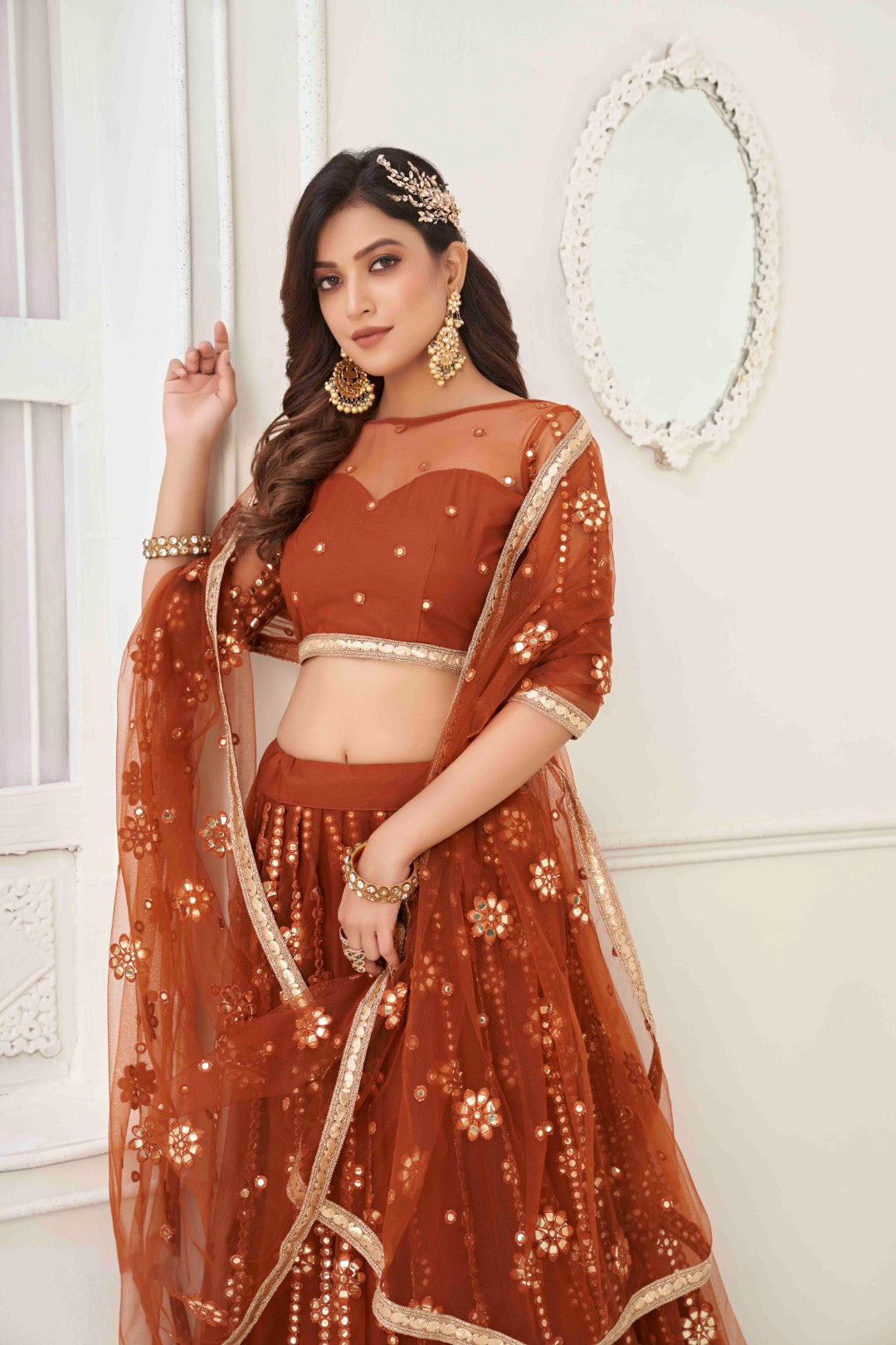 Women's Brown Net Thread Embroidery Lehenga Set - Gruhnaree