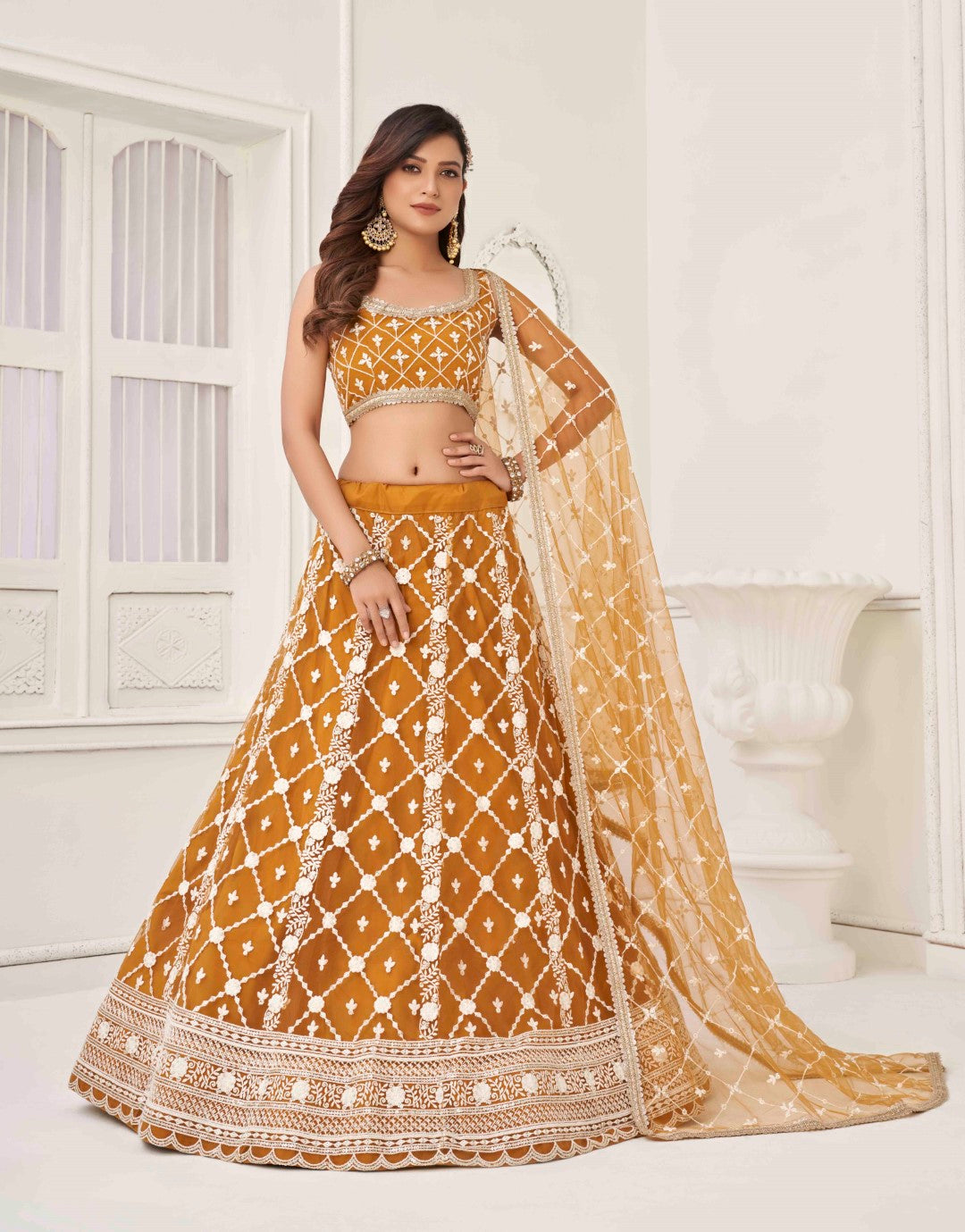 Women's Brown Net Thread Embroidery Lehenga Set - Gruhnaree