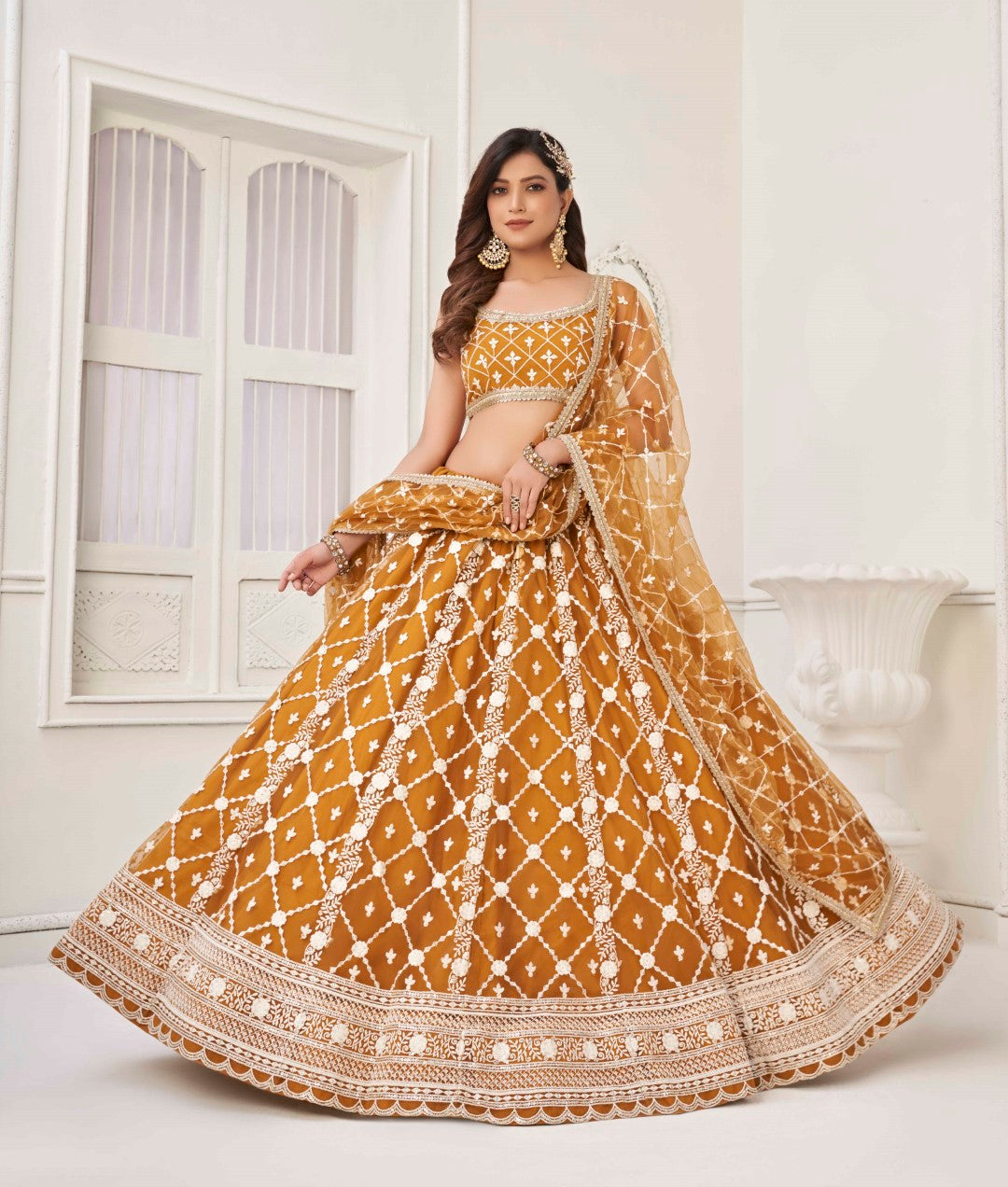 Women's Brown Net Thread Embroidery Lehenga Set - Gruhnaree