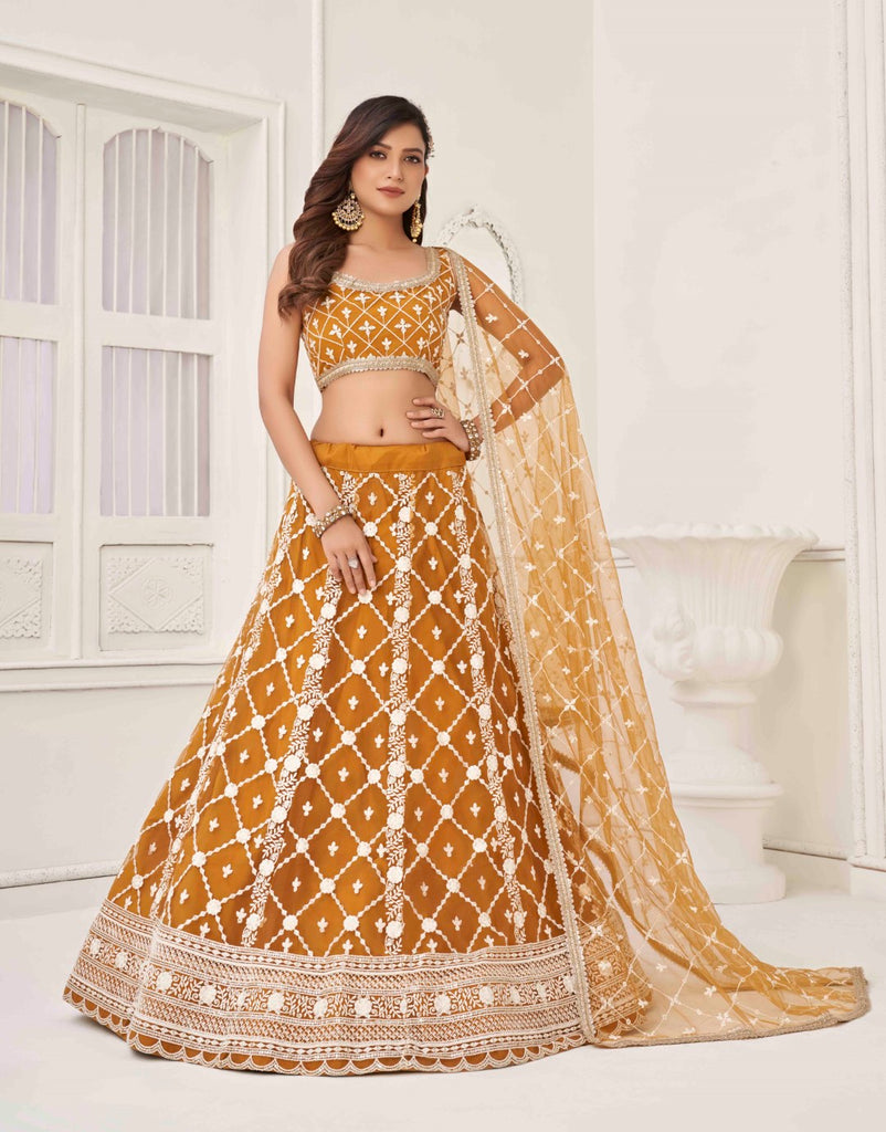 Women's Brown Net Thread Embroidery Lehenga Set