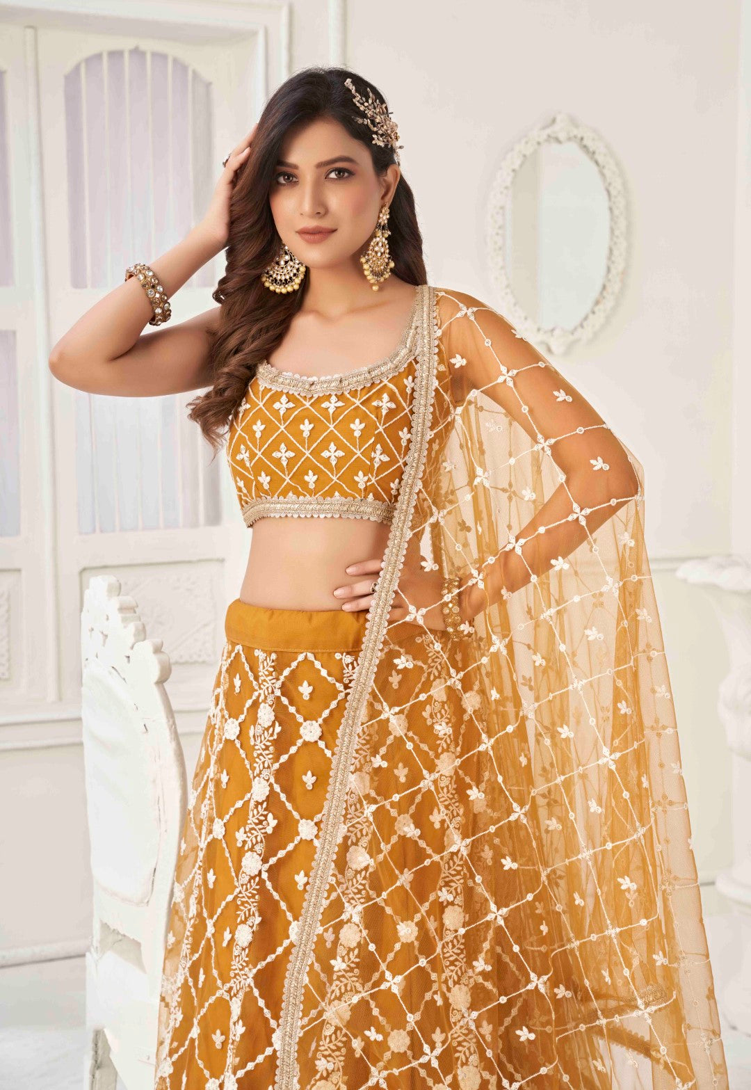 Women's Brown Net Thread Embroidery Lehenga Set - Gruhnaree