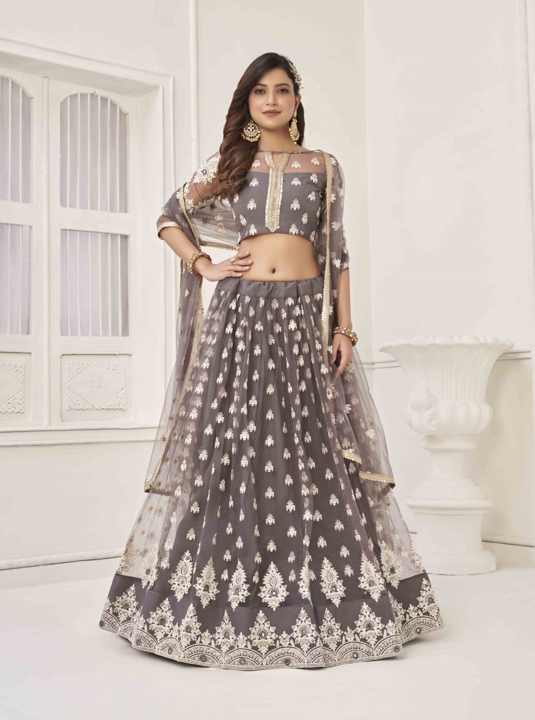 Women's Space Grey Net Thread Embroidery Lehenga Set - Gruhnaree