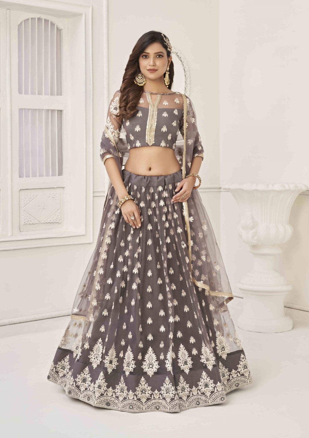 Women's Space Grey Net Thread Embroidery Lehenga Set - Gruhnaree