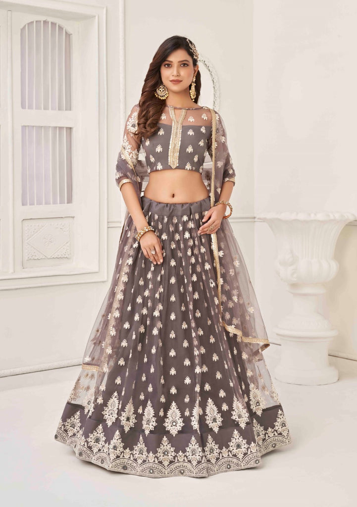 Women's Space Grey Net Thread Embroidery Lehenga Set