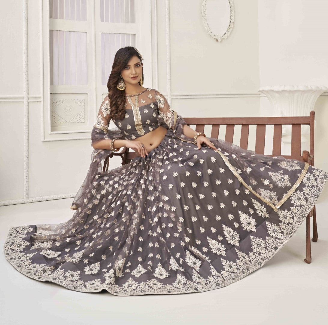 Women's Space Grey Net Thread Embroidery Lehenga Set - Gruhnaree