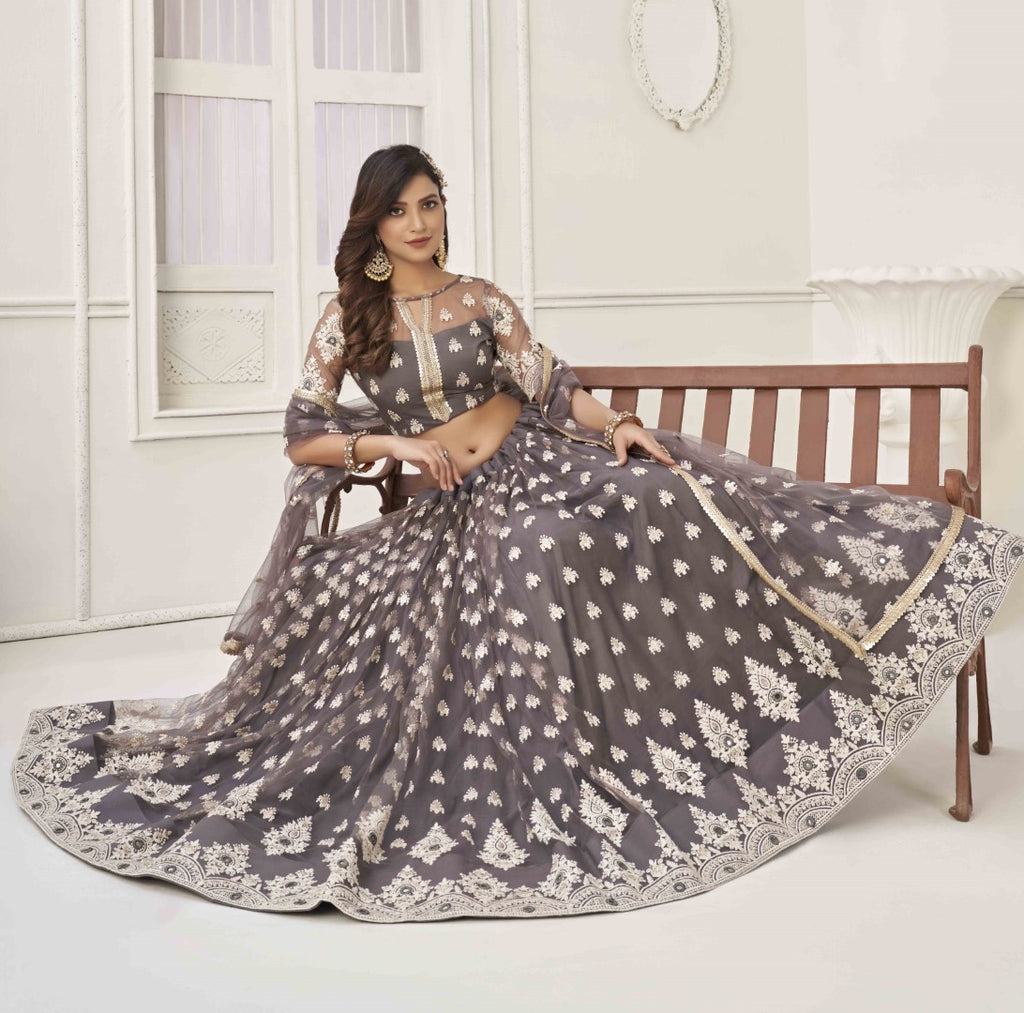 Women's Space Grey Net Thread Embroidery Lehenga Set