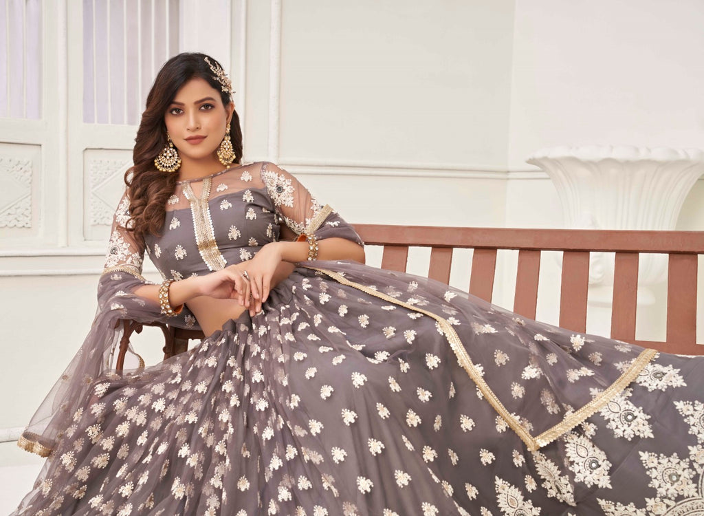 Women's Space Grey Net Thread Embroidery Lehenga Set