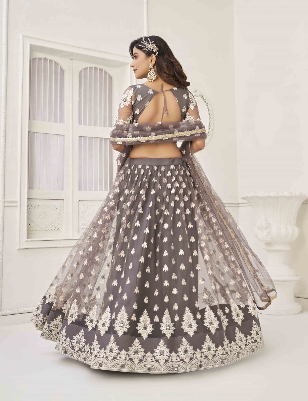 Women's Space Grey Net Thread Embroidery Lehenga Set - Gruhnaree