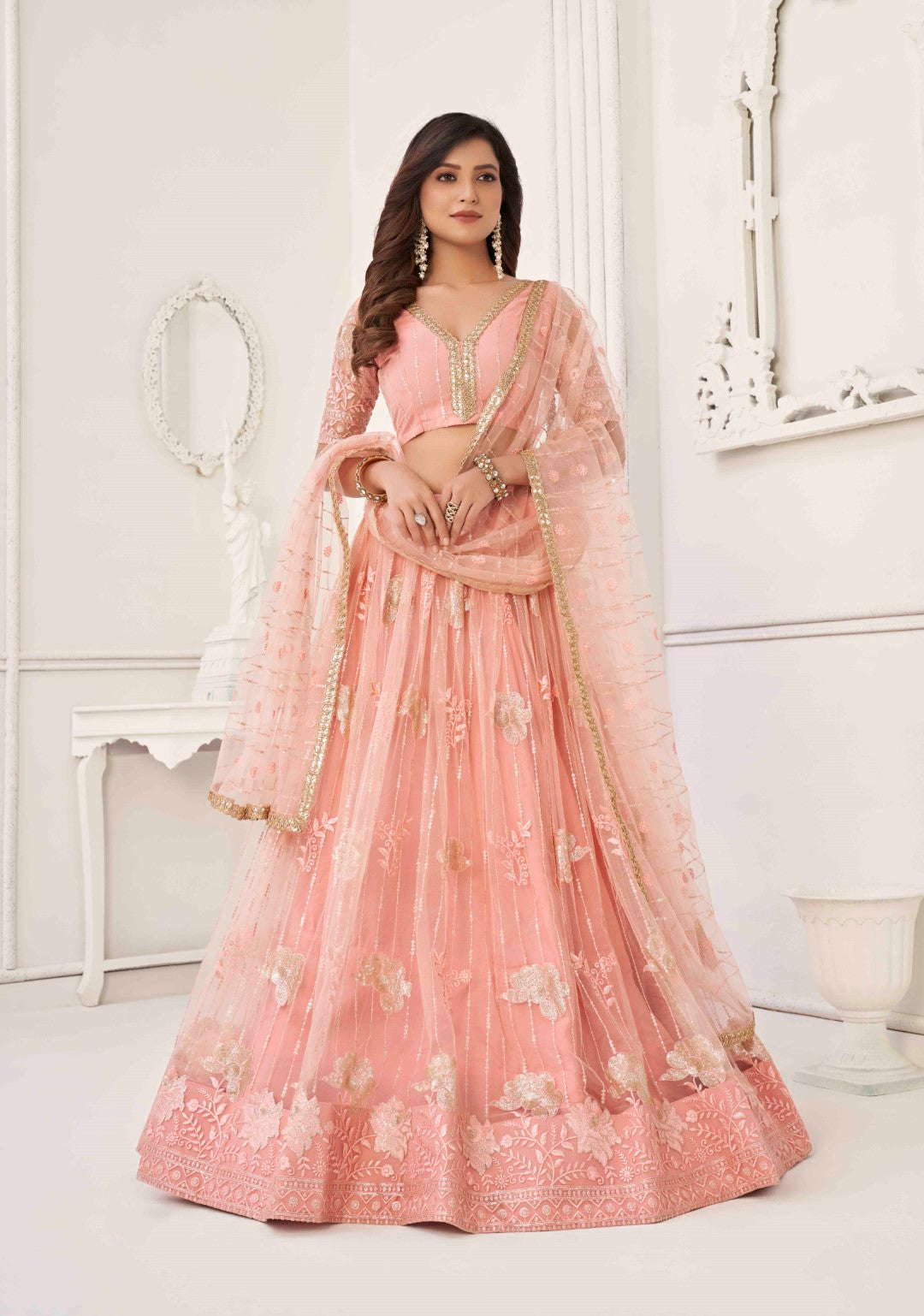 Women's Peach Net Thread Embroidery Lehenga Set - Gruhnaree