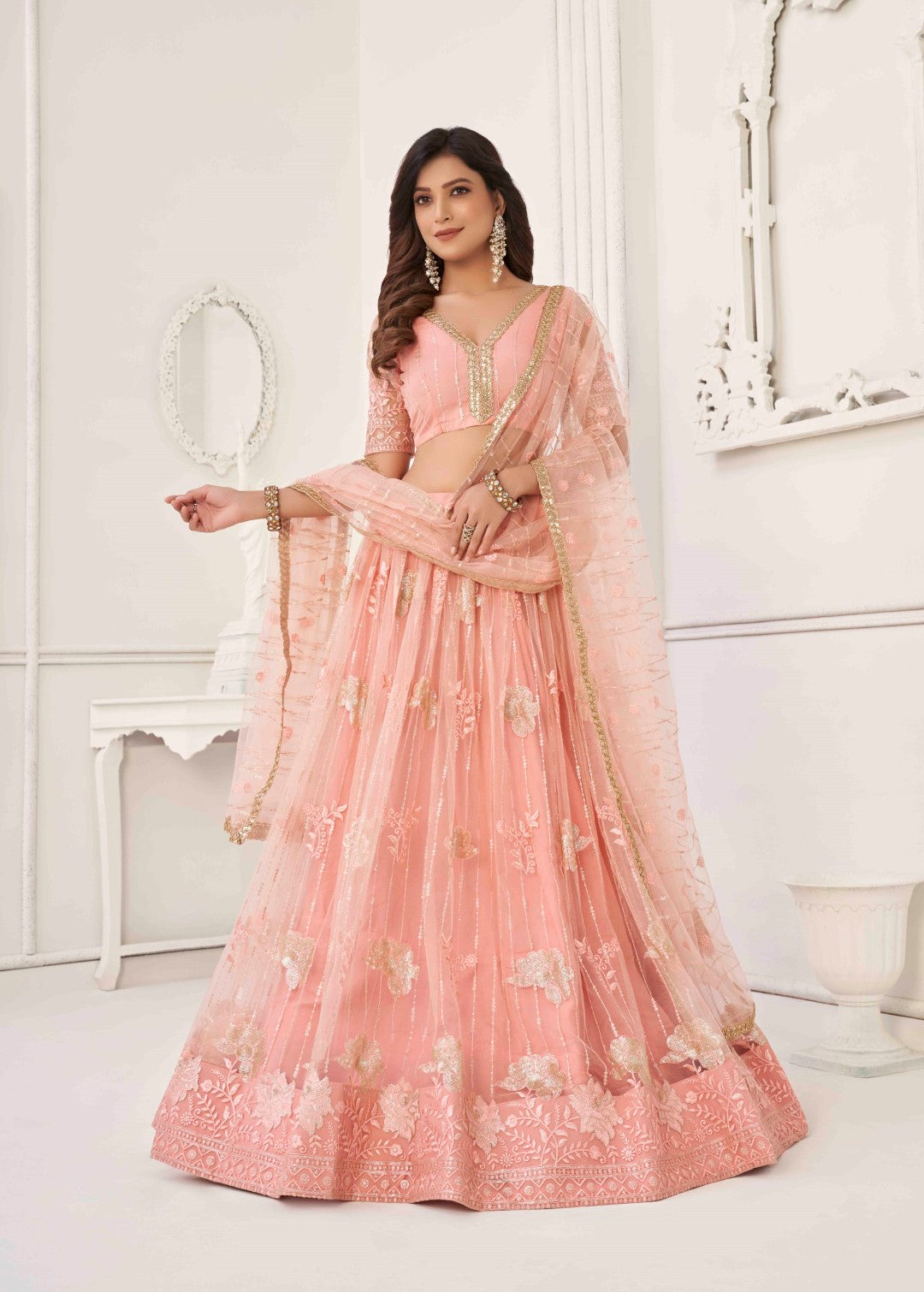 Women's Peach Net Thread Embroidery Lehenga Set - Gruhnaree