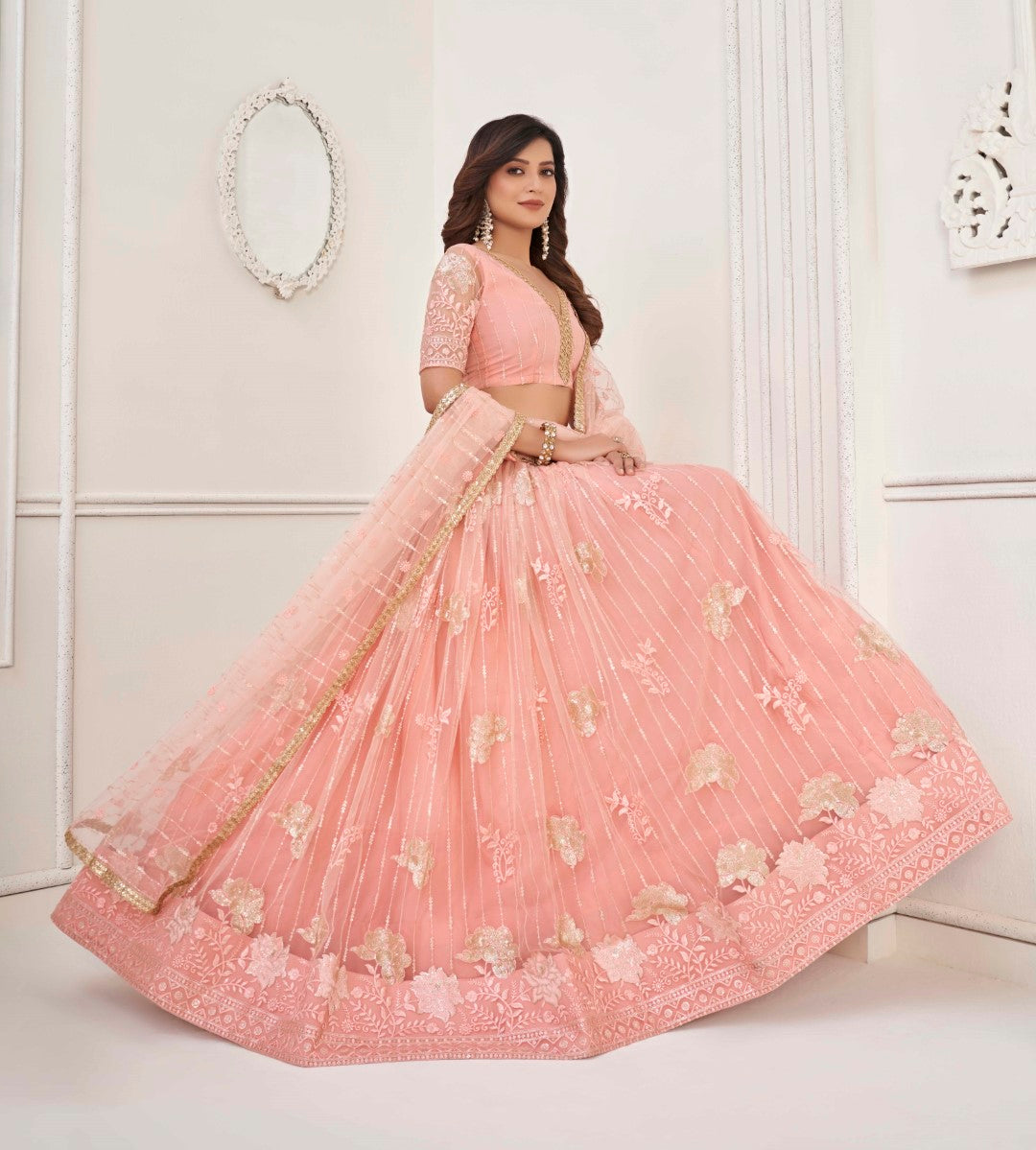 Women's Peach Net Thread Embroidery Lehenga Set - Gruhnaree