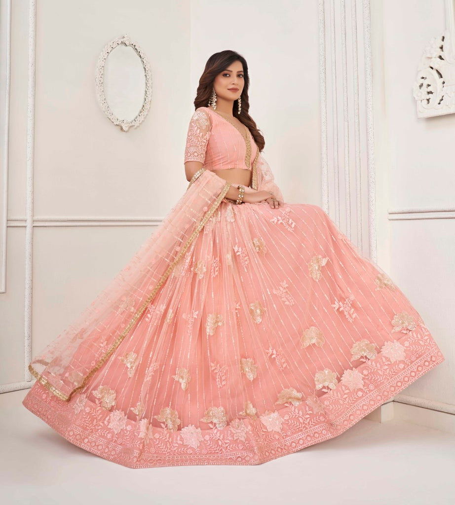 Women's Peach Net Thread Embroidery Lehenga Set