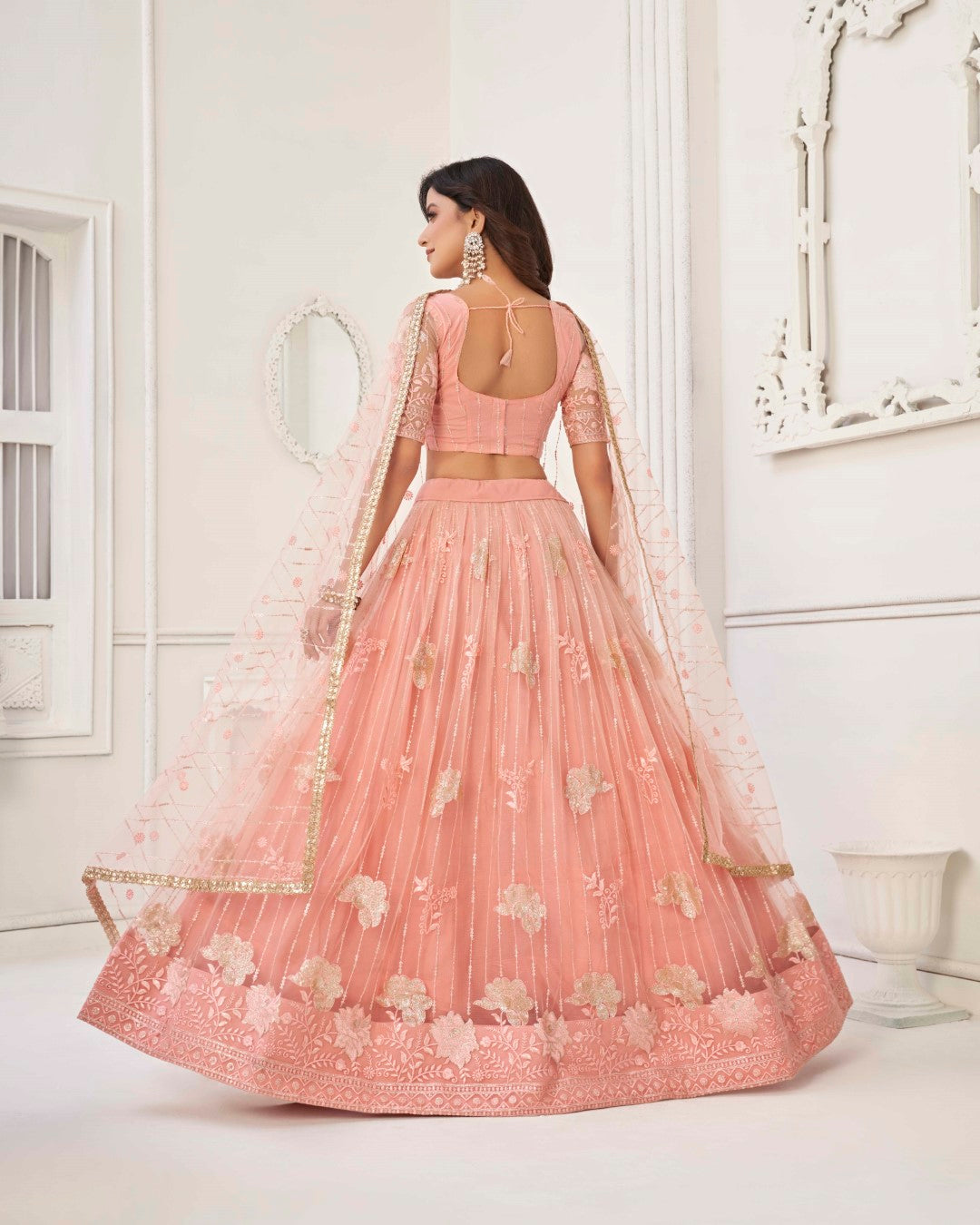 Women's Peach Net Thread Embroidery Lehenga Set - Gruhnaree