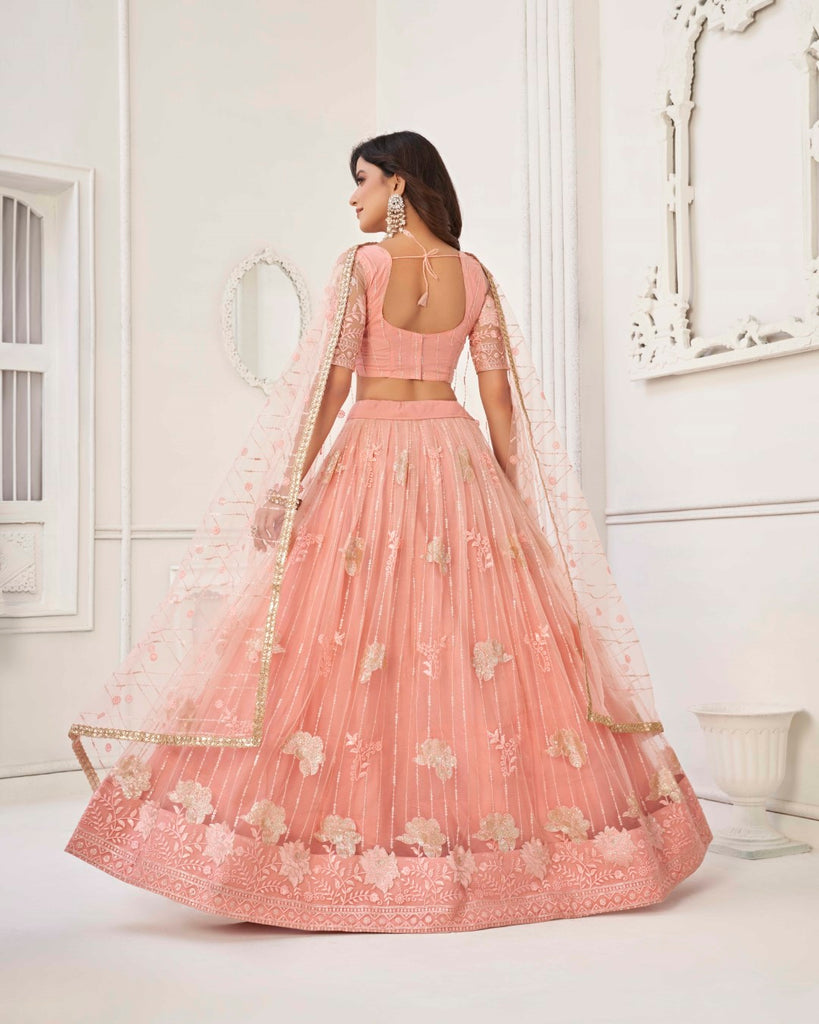 Women's Peach Net Thread Embroidery Lehenga Set
