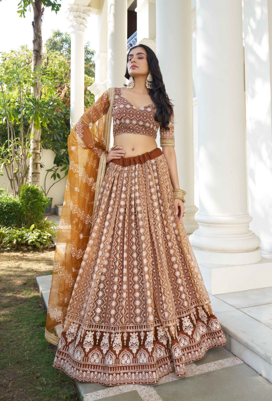 Women's Brown Net Thread Embroidery Lehenga Set - Gruhnaree