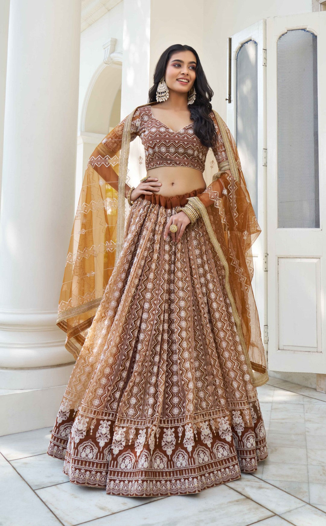 Women's Brown Net Thread Embroidery Lehenga Set - Gruhnaree