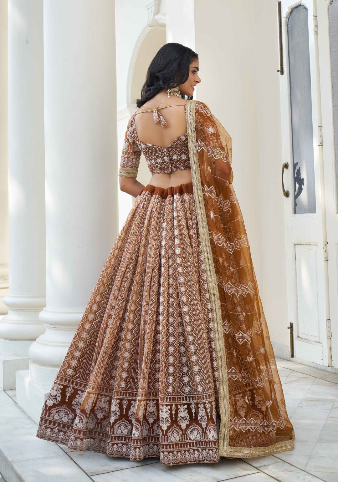 Women's Brown Net Thread Embroidery Lehenga Set - Gruhnaree