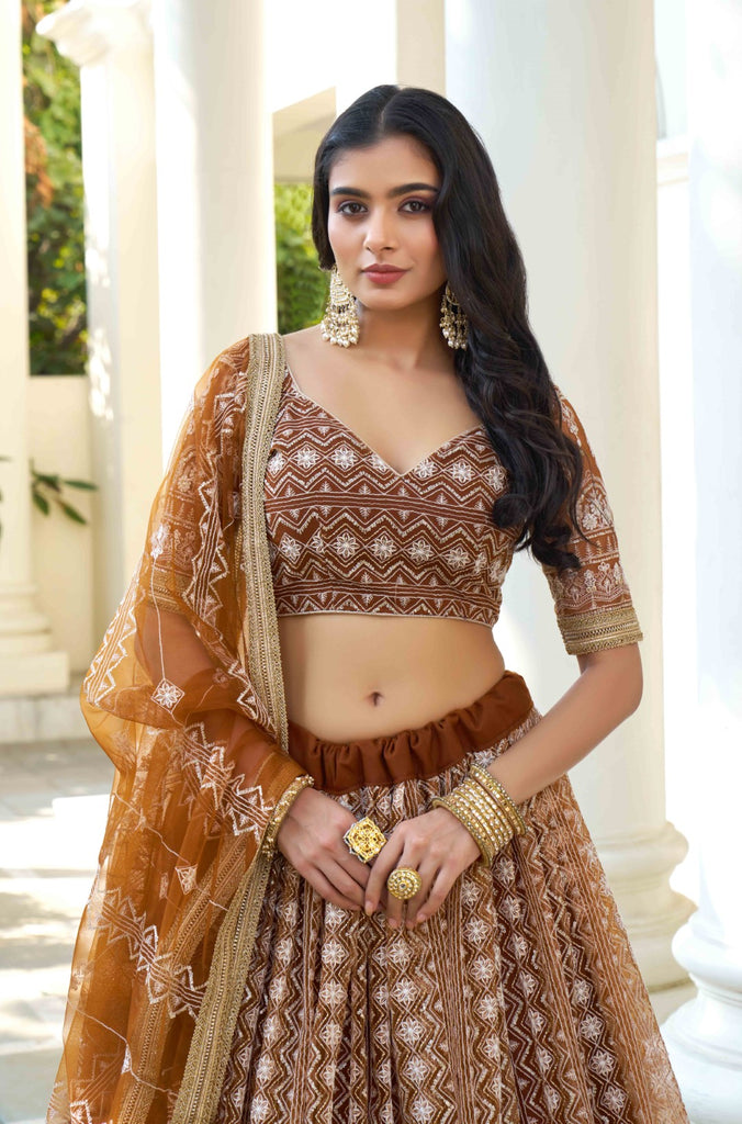 Women's Brown Net Thread Embroidery Lehenga Set
