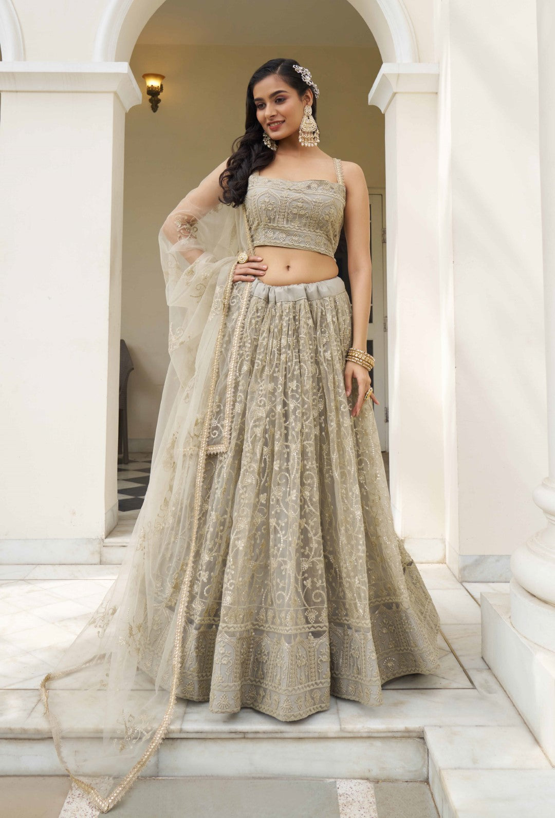 Women's Ivory Net Thread Embroidery Lehenga Set - Gruhnaree