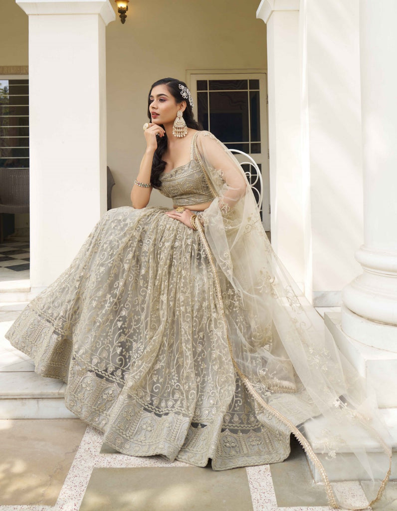Women's Ivory Net Thread Embroidery Lehenga Set