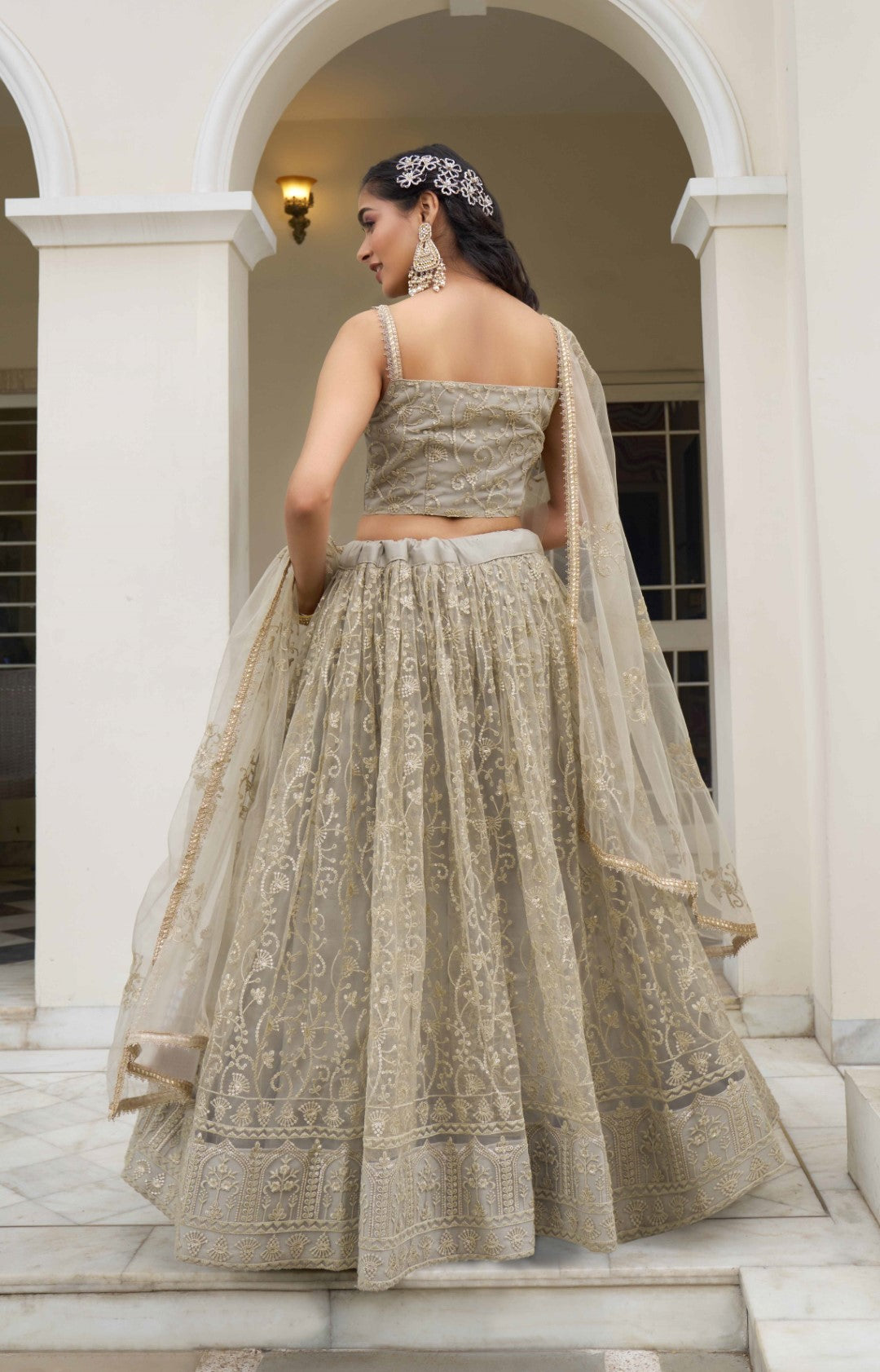 Women's Ivory Net Thread Embroidery Lehenga Set - Gruhnaree