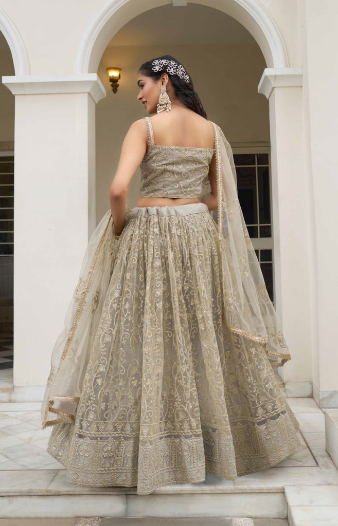 Women's Ivory Net Thread Embroidery Lehenga Set