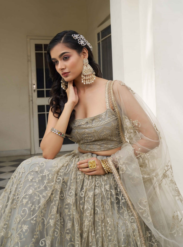 Women's Ivory Net Thread Embroidery Lehenga Set