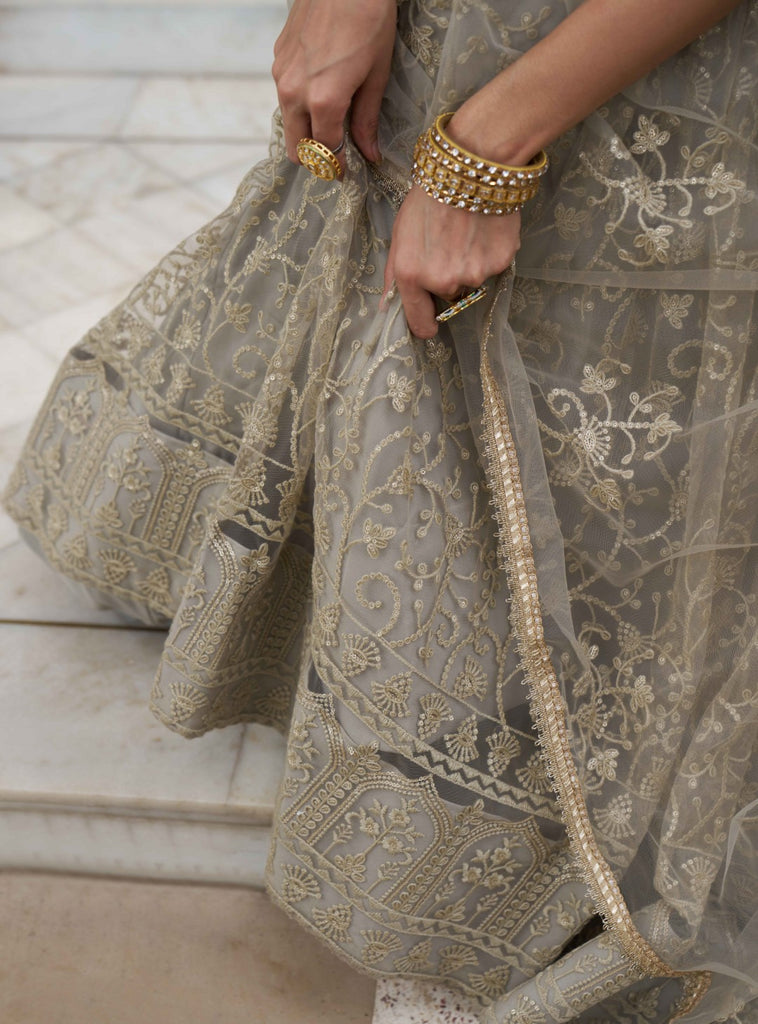 Women's Ivory Net Thread Embroidery Lehenga Set