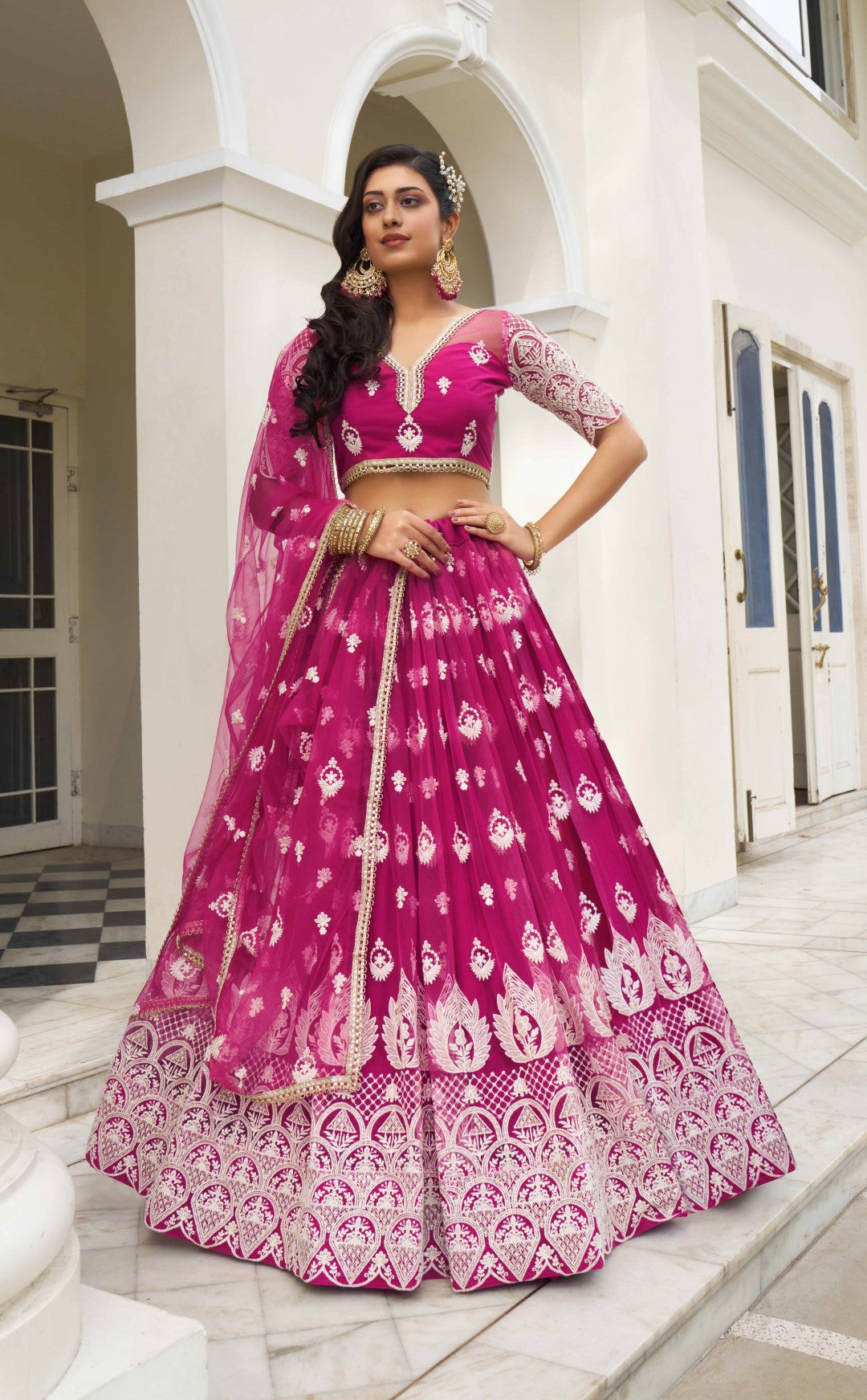 Women's Dark Pink Net Thread Embroidery Lehenga Set - Gruhnaree