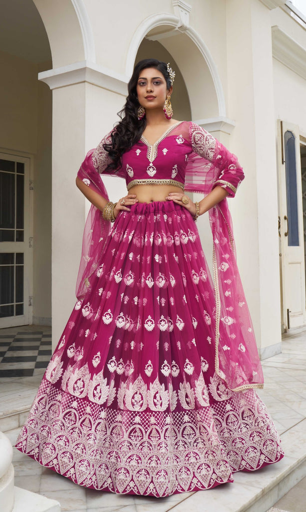 Women's Dark Pink Net Thread Embroidery Lehenga Set