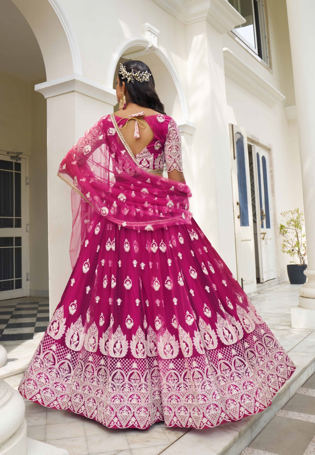 Women's Dark Pink Net Thread Embroidery Lehenga Set - Gruhnaree