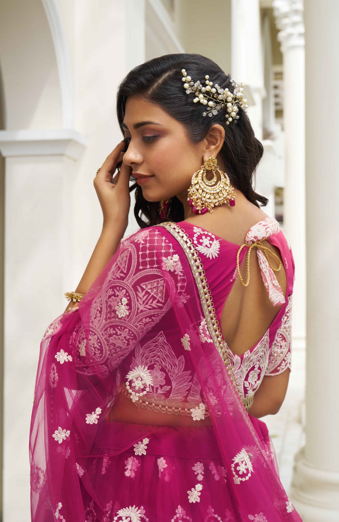 Women's Dark Pink Net Thread Embroidery Lehenga Set