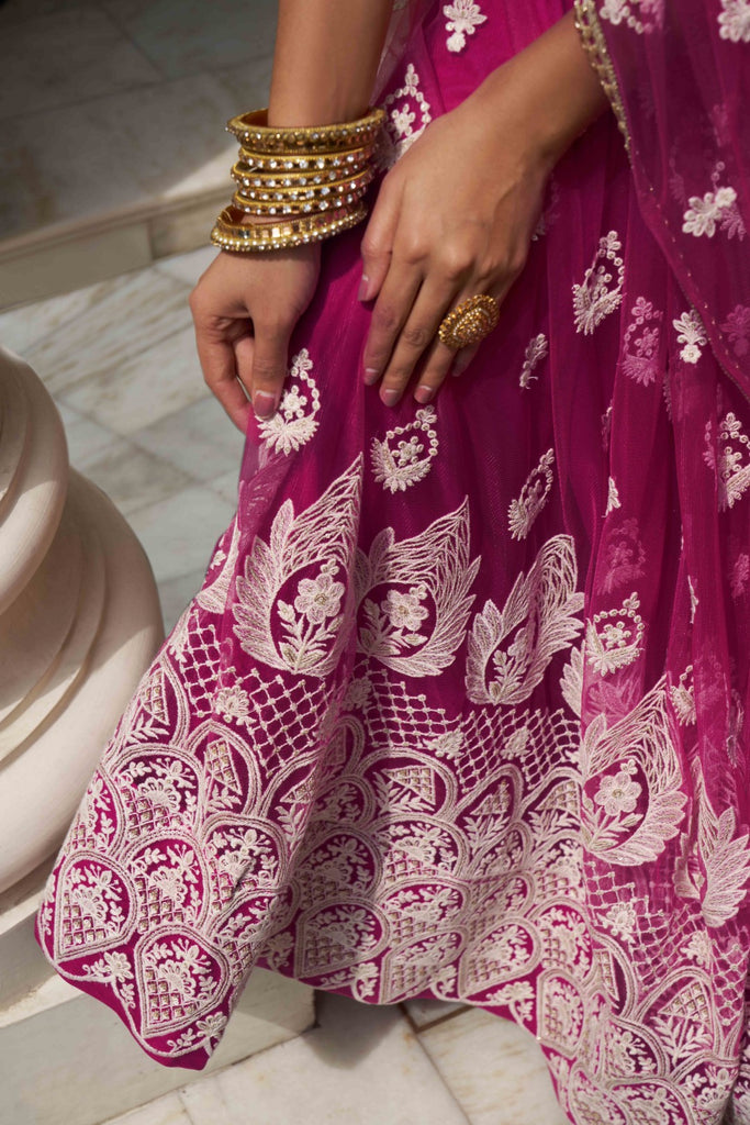 Women's Dark Pink Net Thread Embroidery Lehenga Set