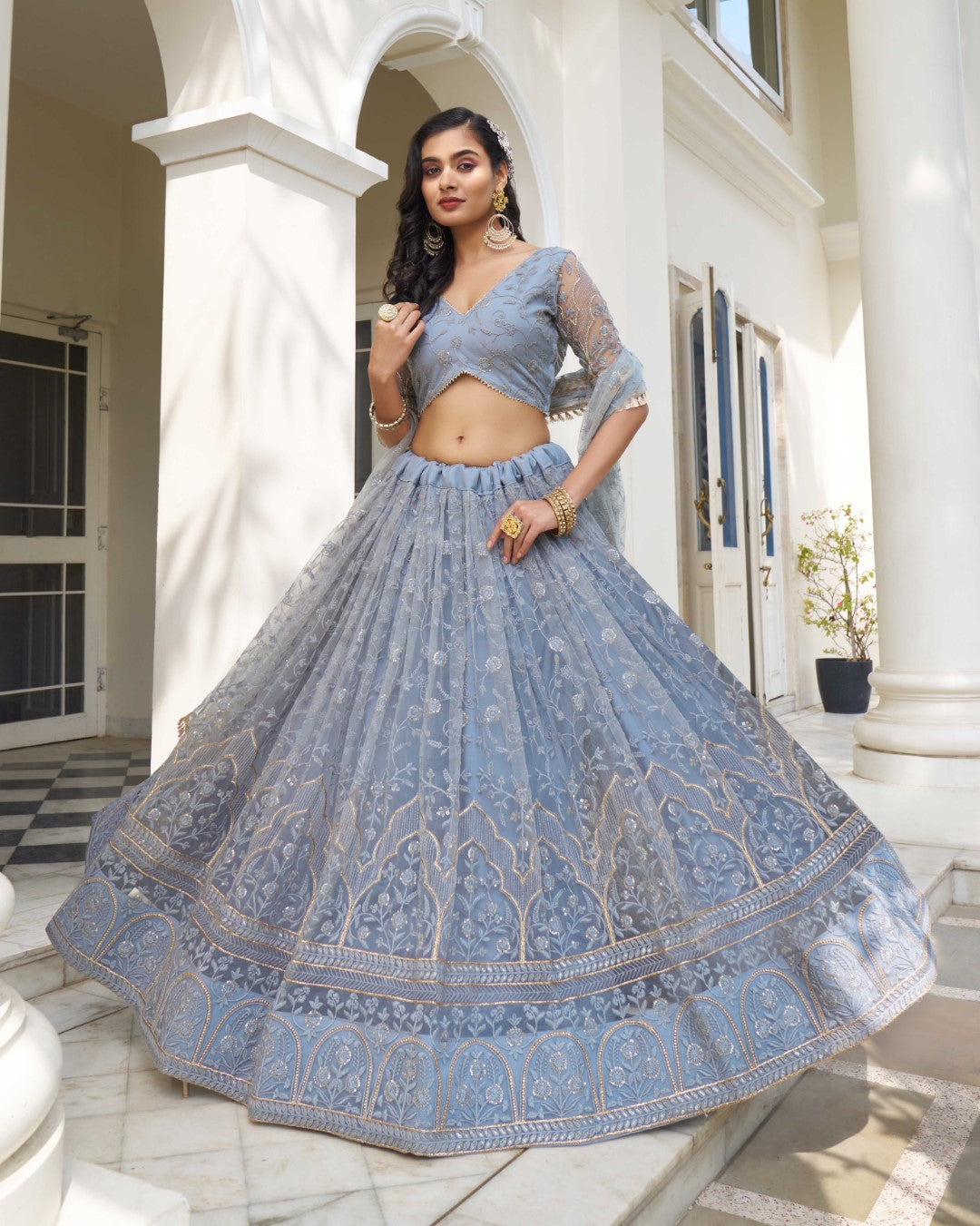 Women's Light Blue Net Thread Embroidery Lehenga Set - Gruhnaree