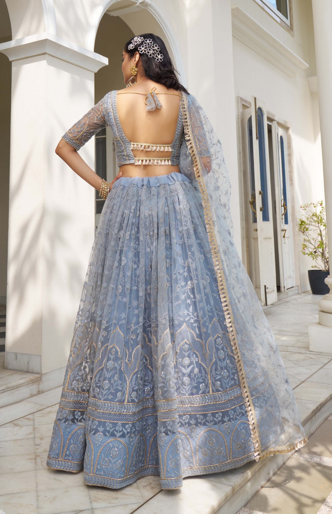 Women's Light Blue Net Thread Embroidery Lehenga Set - Gruhnaree