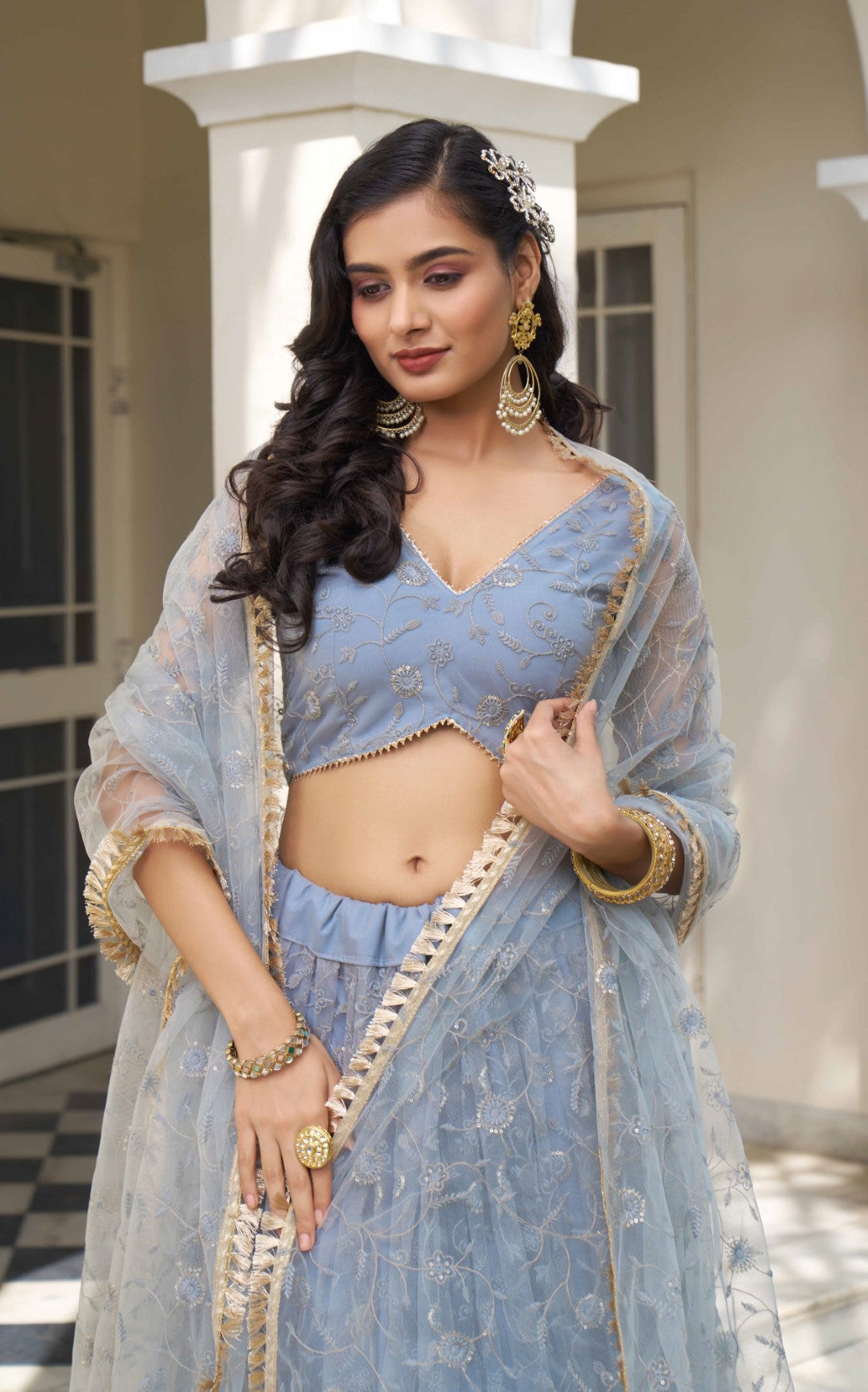 Women's Light Blue Net Thread Embroidery Lehenga Set - Gruhnaree