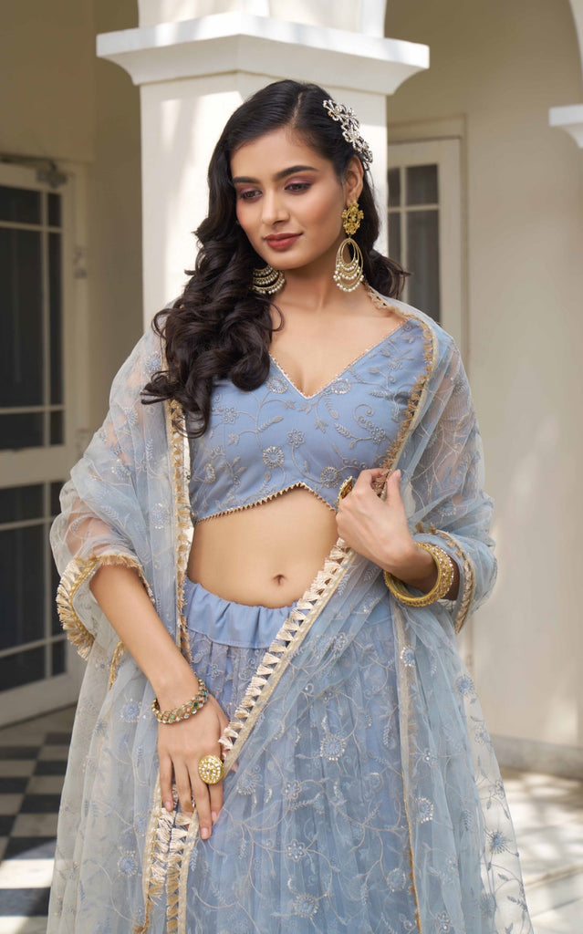 Women's Light Blue Net Thread Embroidery Lehenga Set