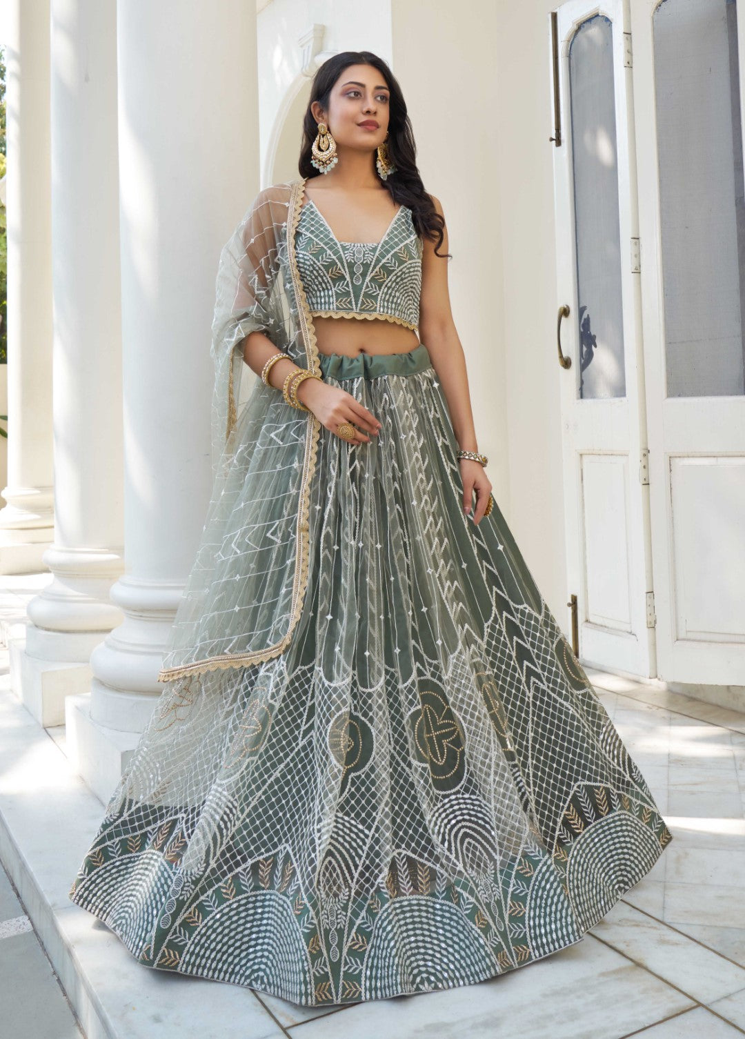 Women's Green Net Thread Embroidery Lehenga Set - Gruhnaree