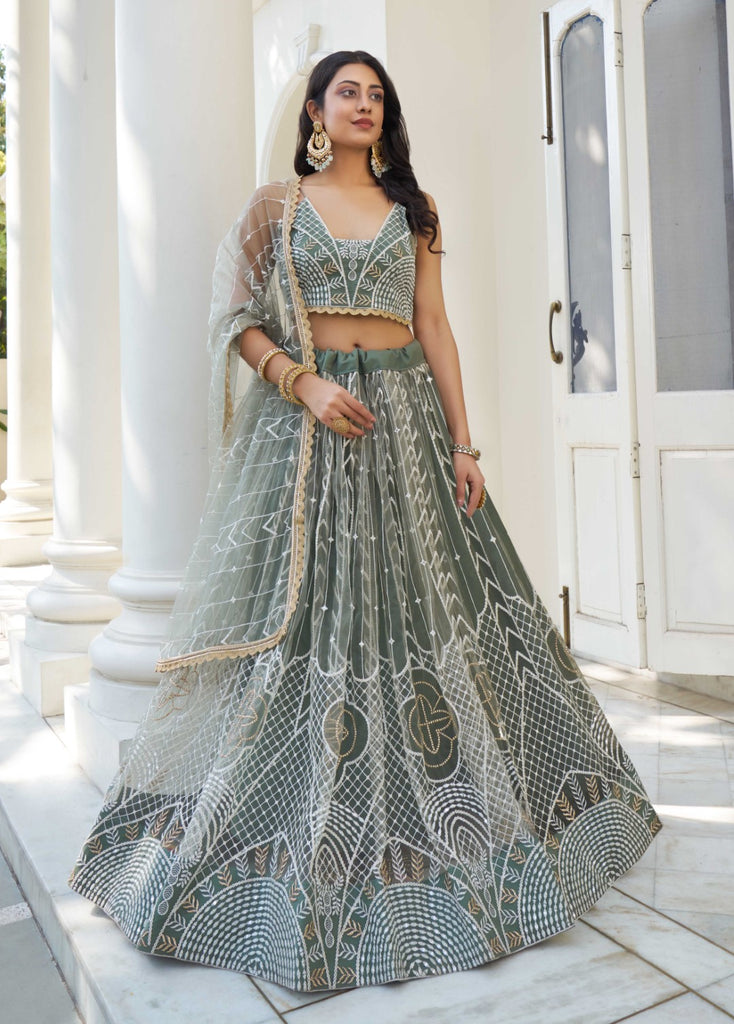 Women's Green Net Thread Embroidery Lehenga Set