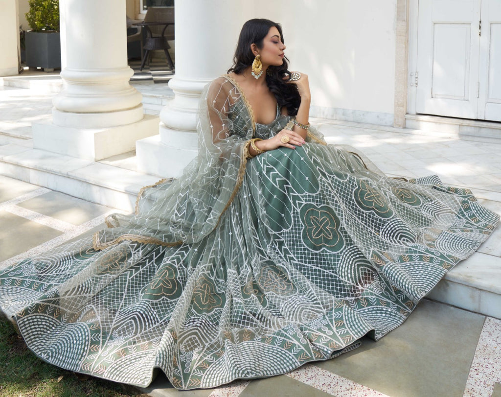 Women's Green Net Thread Embroidery Lehenga Set