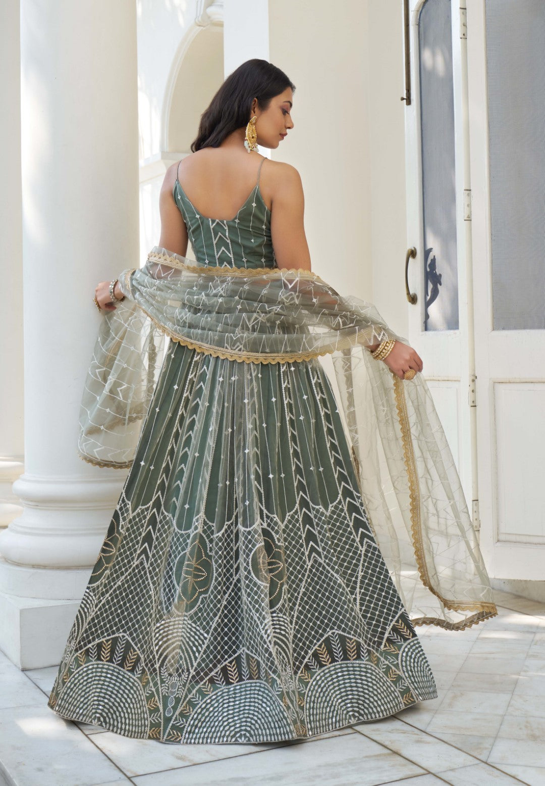 Women's Green Net Thread Embroidery Lehenga Set - Gruhnaree