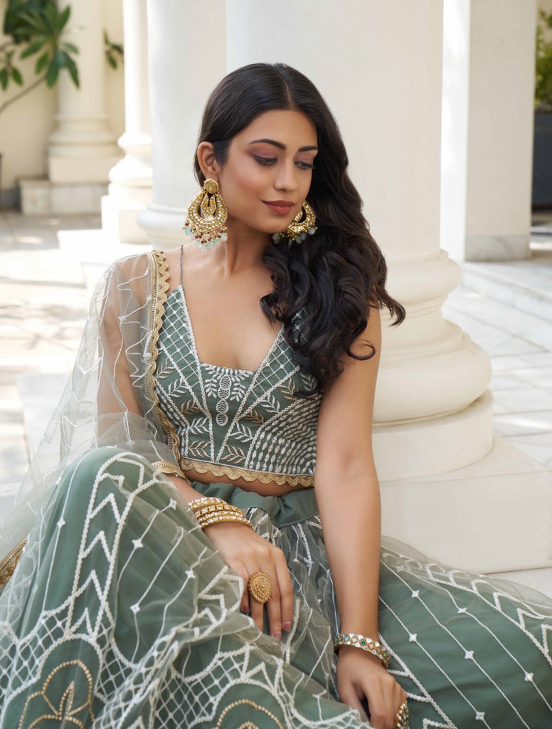 Women's Green Net Thread Embroidery Lehenga Set
