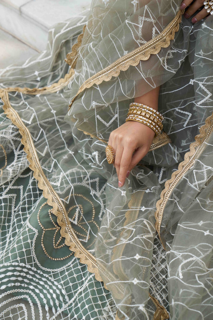 Women's Green Net Thread Embroidery Lehenga Set