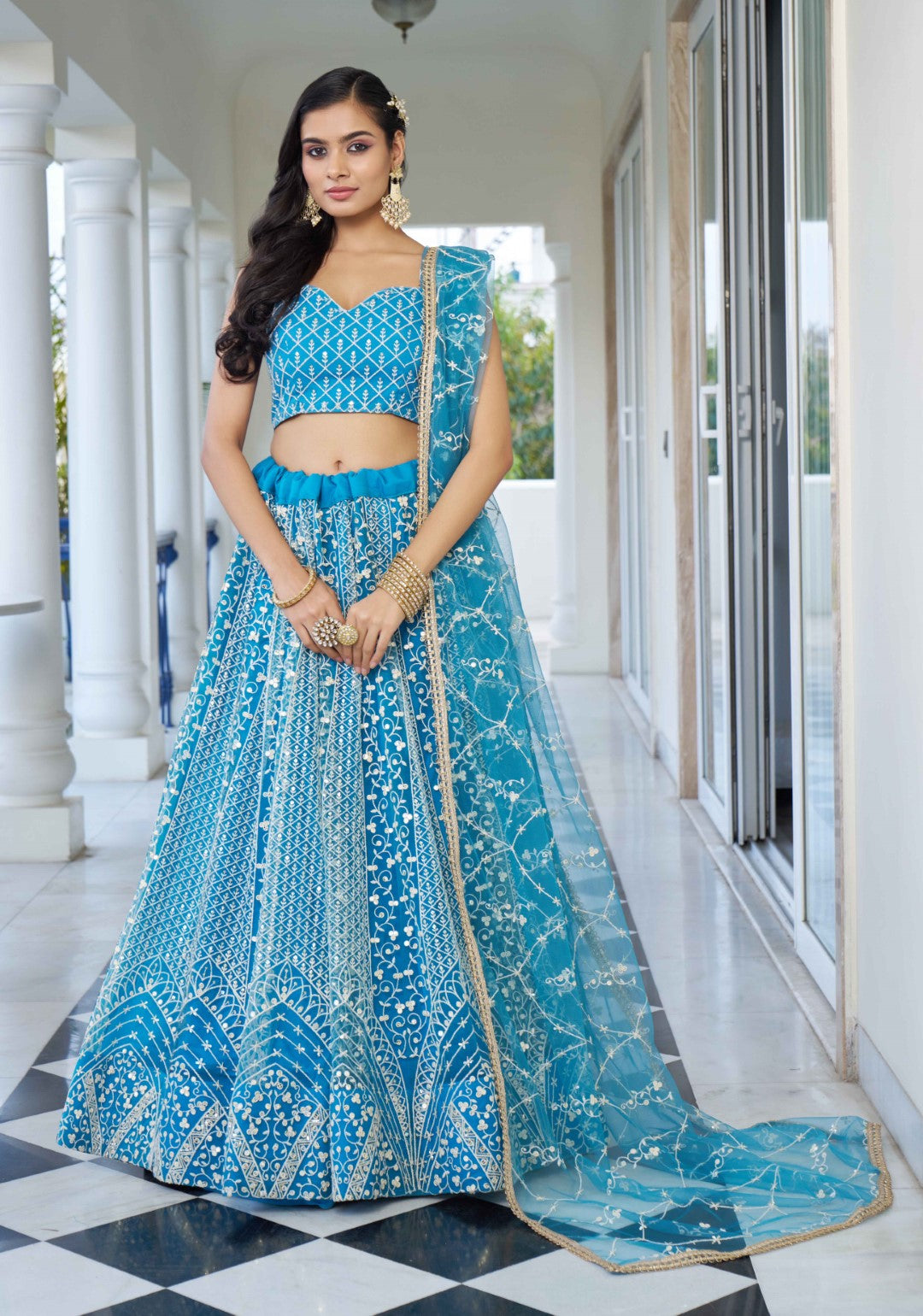 Women's Sky Blue Net Thread Embroidery Lehenga Set - Gruhnaree