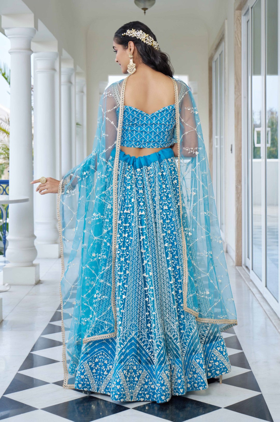 Women's Sky Blue Net Thread Embroidery Lehenga Set - Gruhnaree